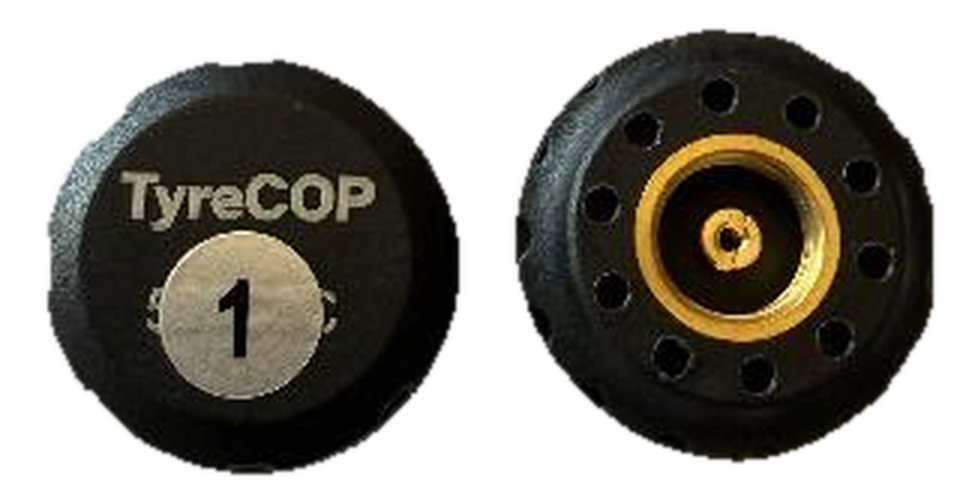 TyreCOP motorcycle valve sensor, front and rear views showing the position decal and the brass valve thread